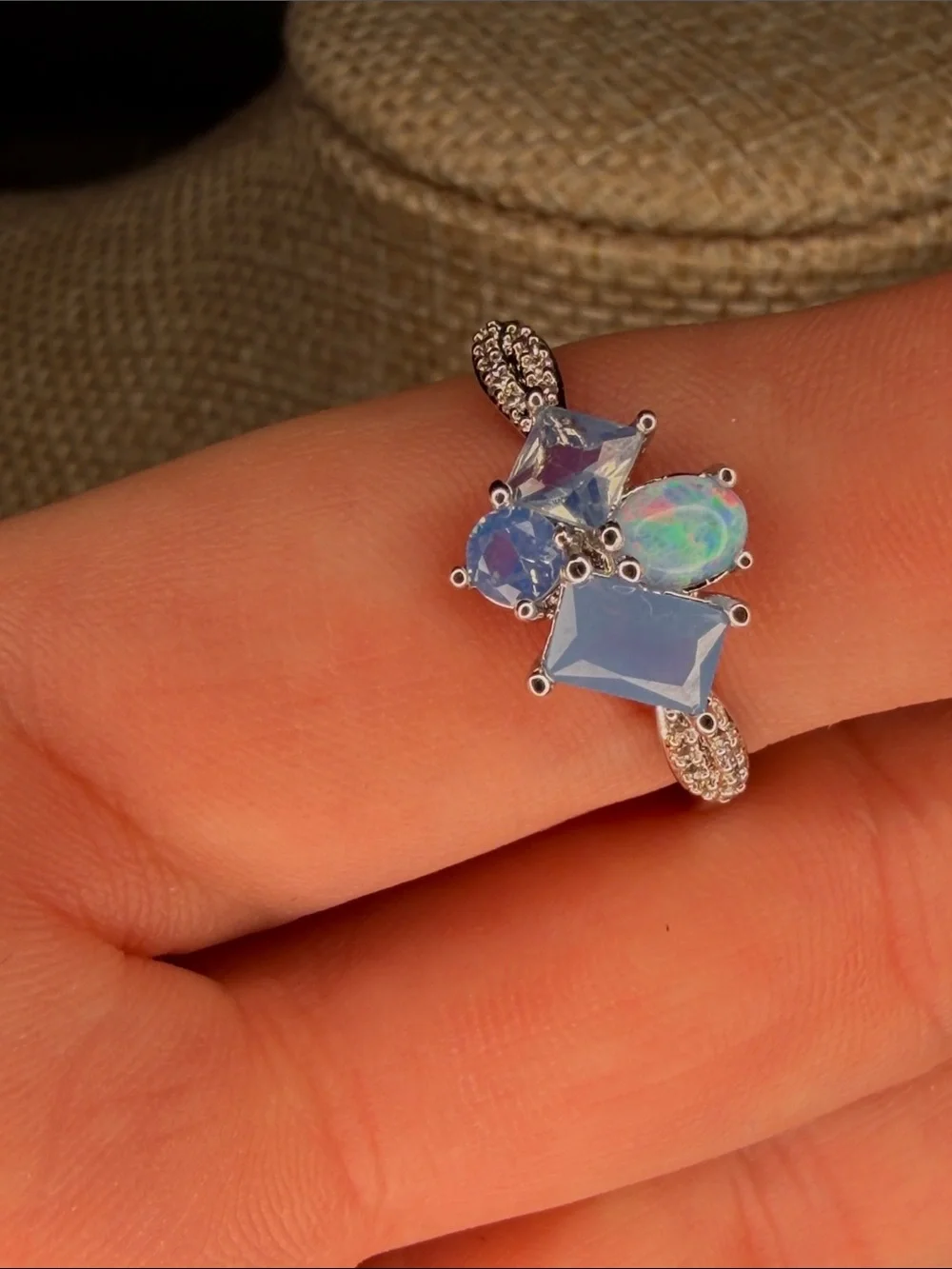 Bomb Party Silvertone  Opal and Light Blue Multi-Stone Ring - Sz 8